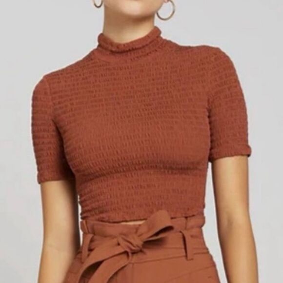 NWT A.L.C. Dana Smocked Top Short Sleeve Cropped in Deep Amber Brown Size S - Picture 7 of 7